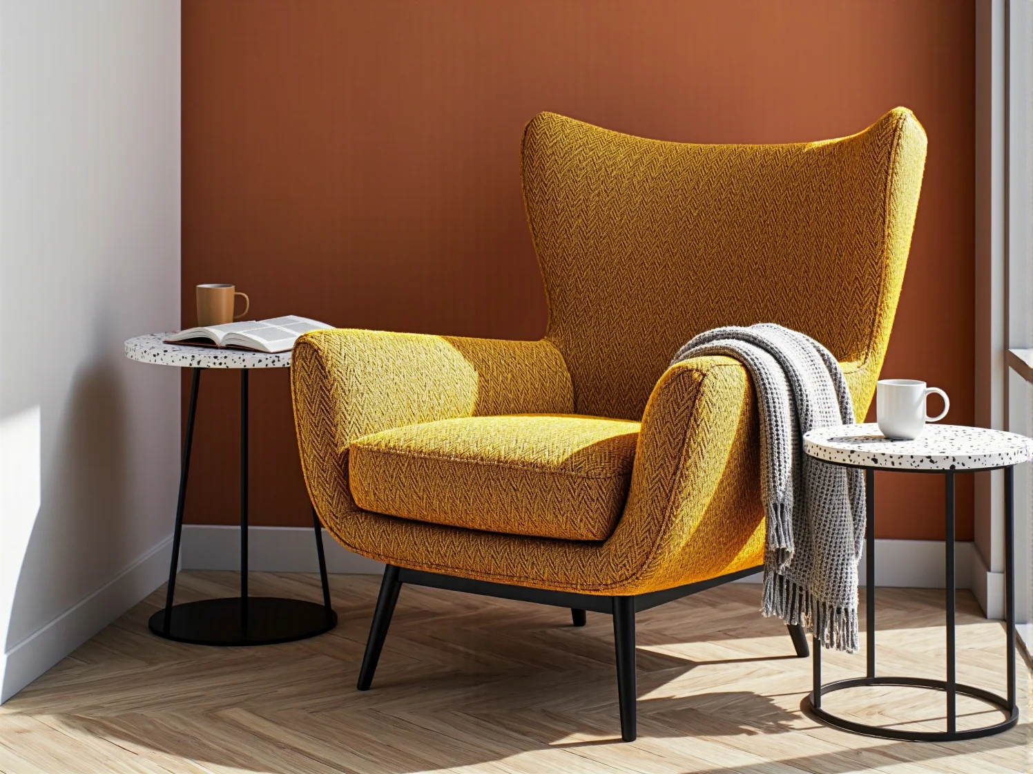 Zestaw nowoczesnych krzeseł z ekologicznych materiałów w jasnym wnętrzu