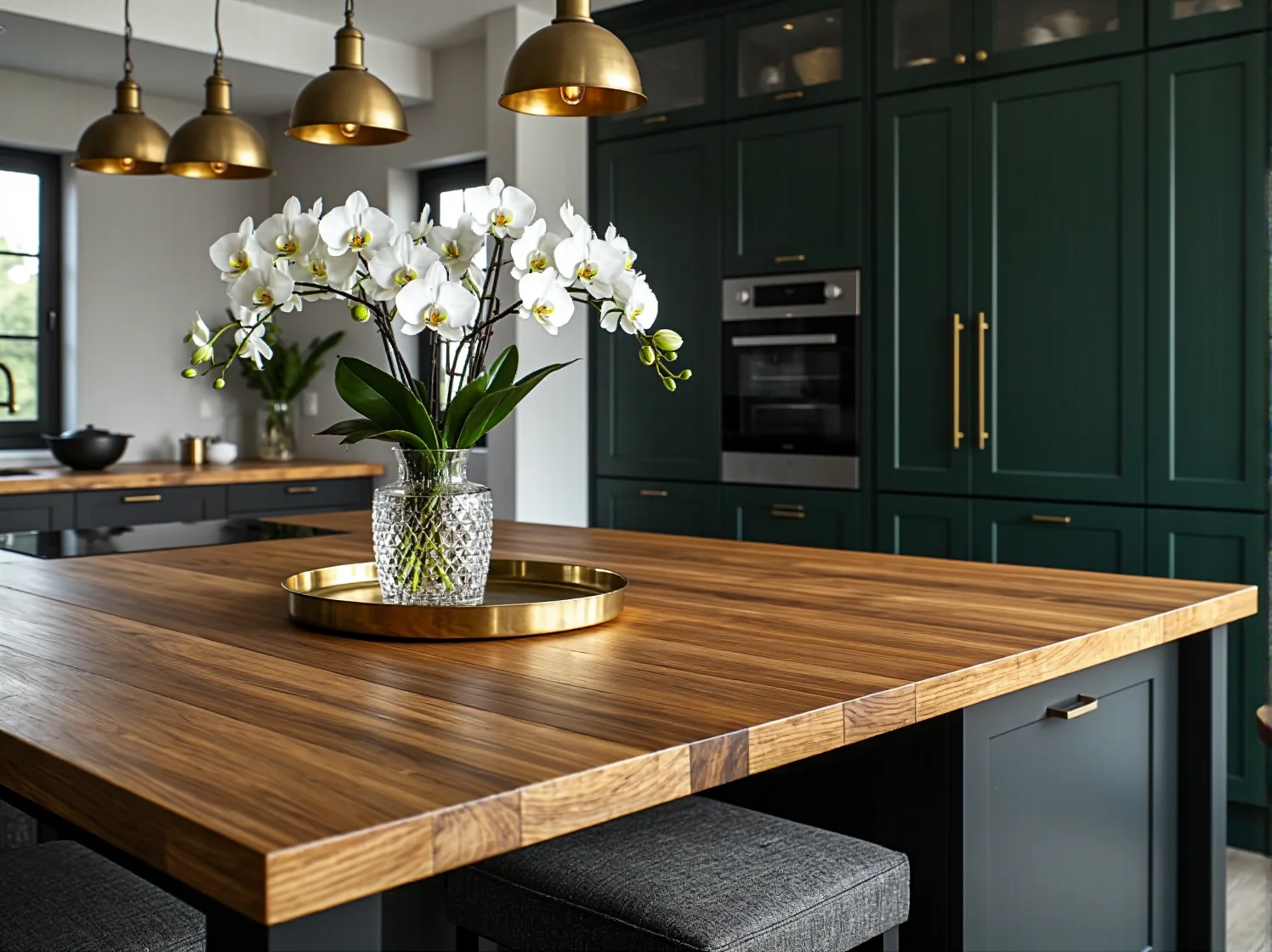 Złote akcenty i blaty z recyklingu w eleganckiej kuchni w stylu glamour.