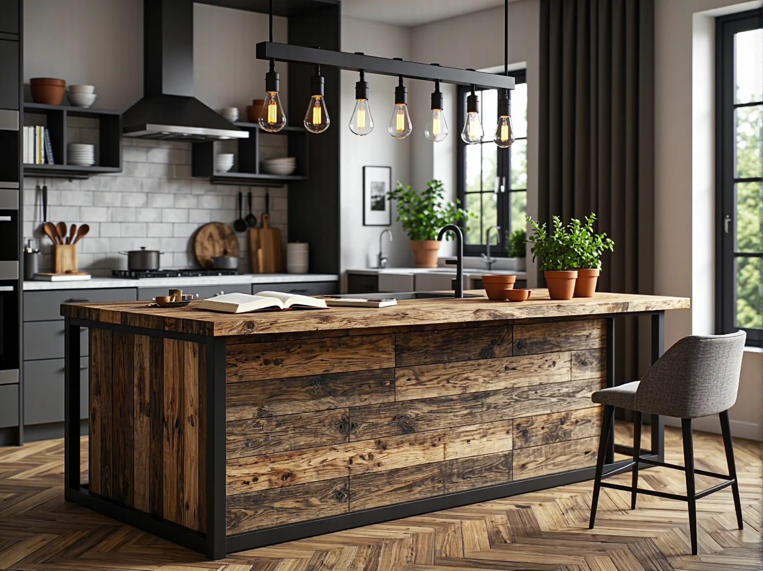 Złote lampy industrialne wiszące w kuchni z wyspą.